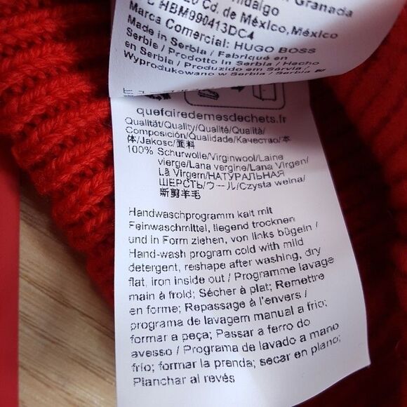 HUGO BOSS Mens Beanie Hat Red Cuffed Stretch Ribbed Knit 100% Wool - Picture 3 of 5